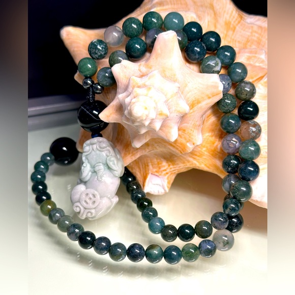 MOSS AGATE + ONYX + PIXIU JADE STONES NATURAL NECKLACE - Picture 1 of 14
